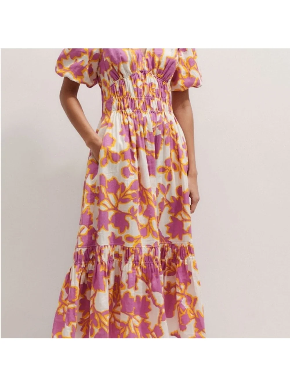 ME+EM Pink and Yellow Floral Smocked Midi Dress - Picture 3 of 13